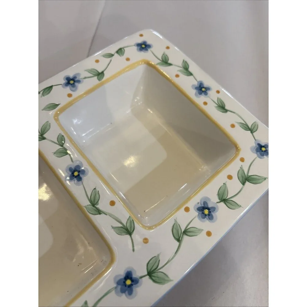 Pfaltzgraff Melissa Relish Dish 3 Part Divided Tidbit Serving Tray Blue Floral
